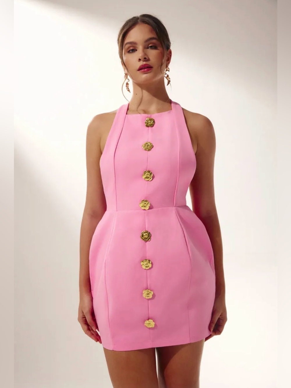 Pink Halter Button-Front Mini Dress